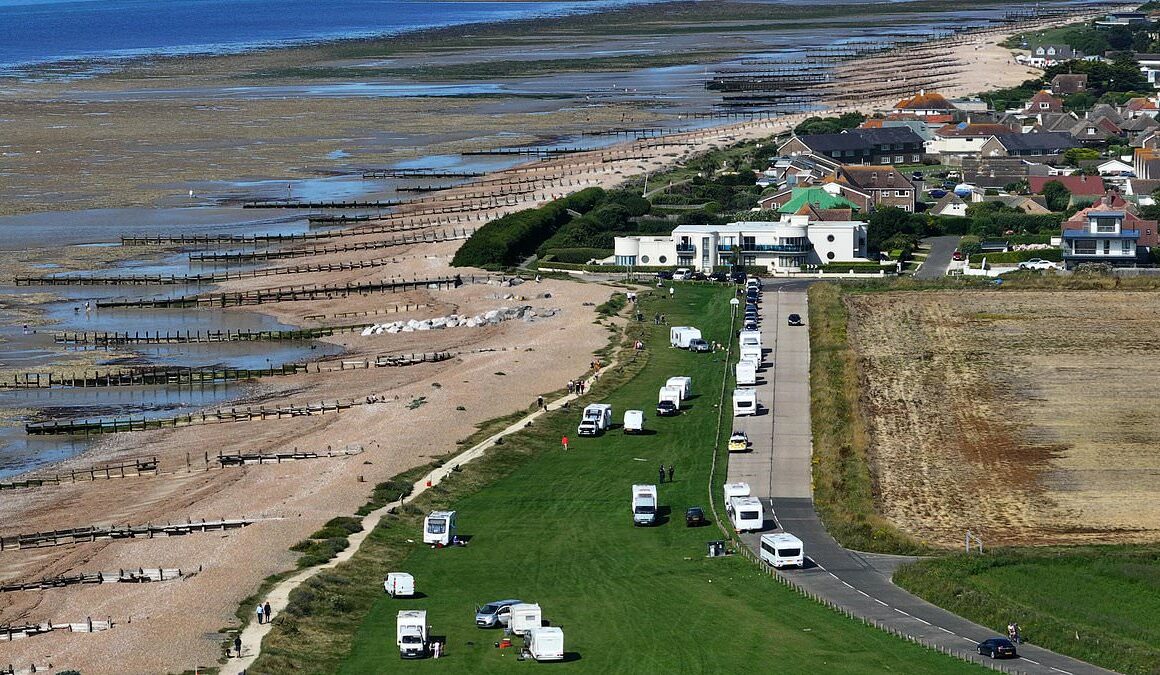 Binbags, gas canisters and old pots and pans are left behind by travellers moved on from beach