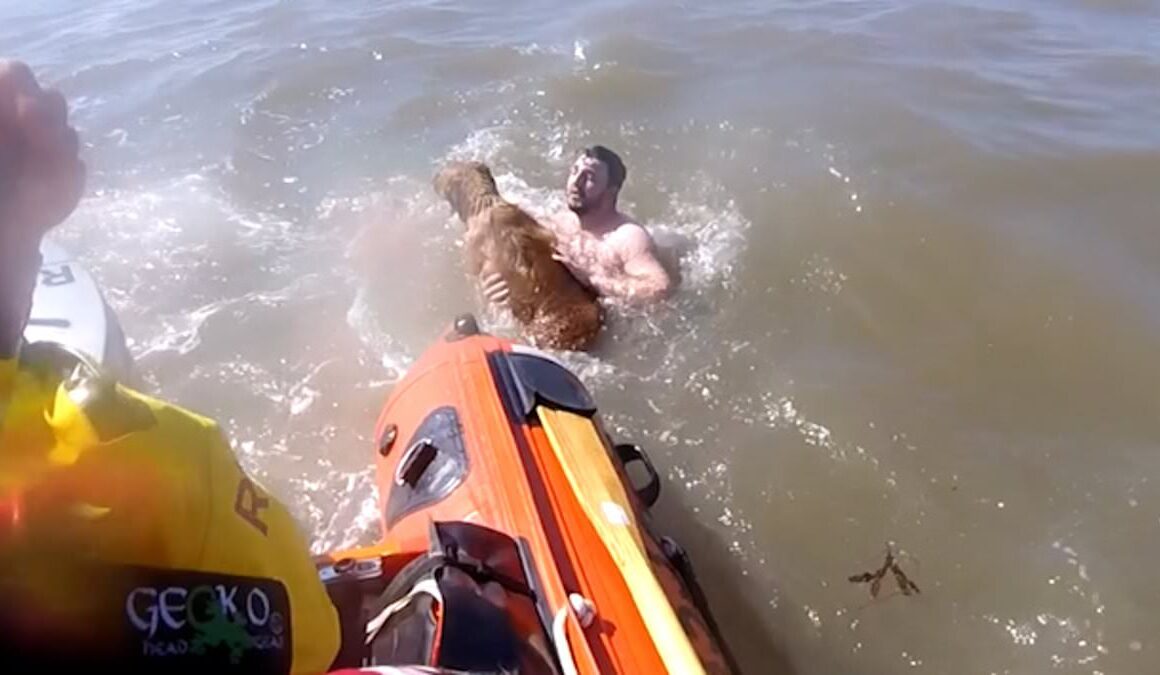 Moment coastguard rescue dogwalker and his pet after the pair are swept out to sea when cut off by the tide