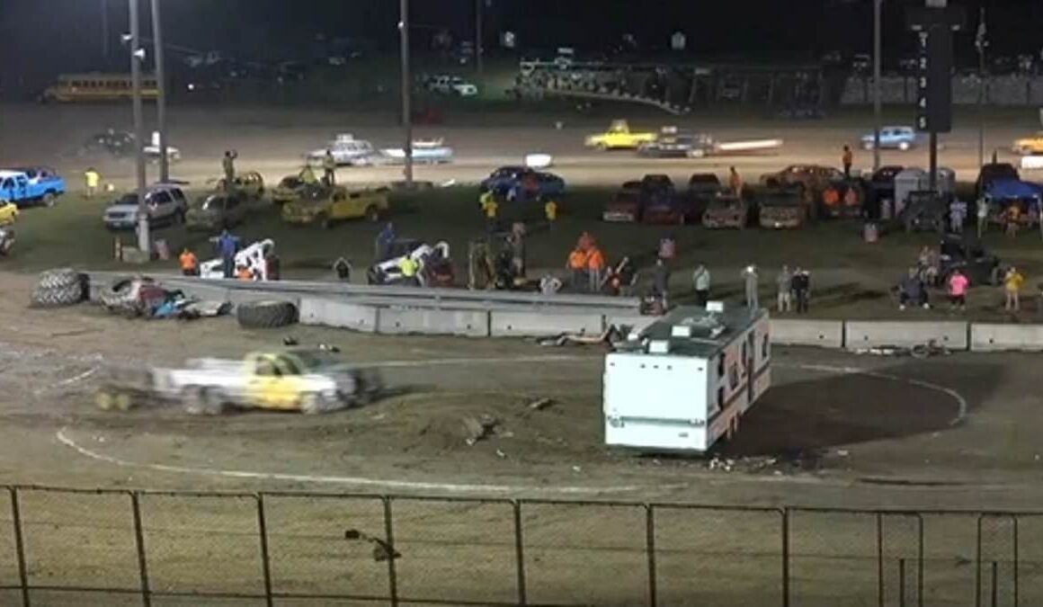 Horror as out-of-control demolition derby truck crashes through safety barriers and begins speeding down busy highway