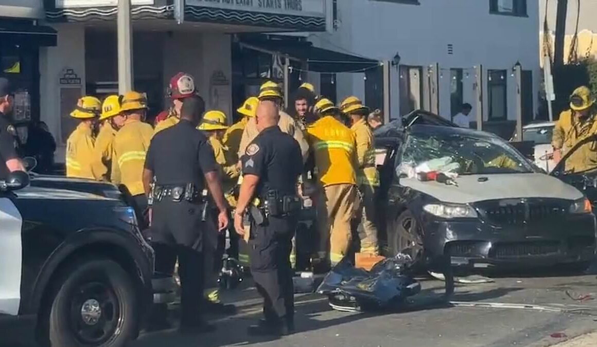 Moment wailing BMW ‘thief’ cries for help after smashing powerful sedan during police chase and trapping himself inside