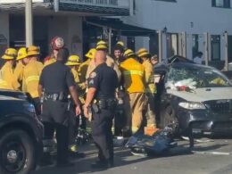 Moment wailing BMW ‘thief’ cries for help after smashing powerful sedan during police chase and trapping himself inside