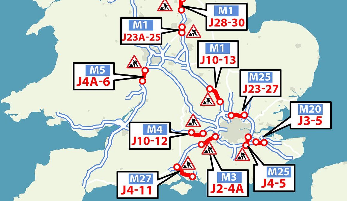 Drivers brace for summer of motorway mayhem: Map reveals ‘nightmare’ 220 miles of roadworks and 50mph speed checks plaguing Britain’s main roads just in time for the holidays