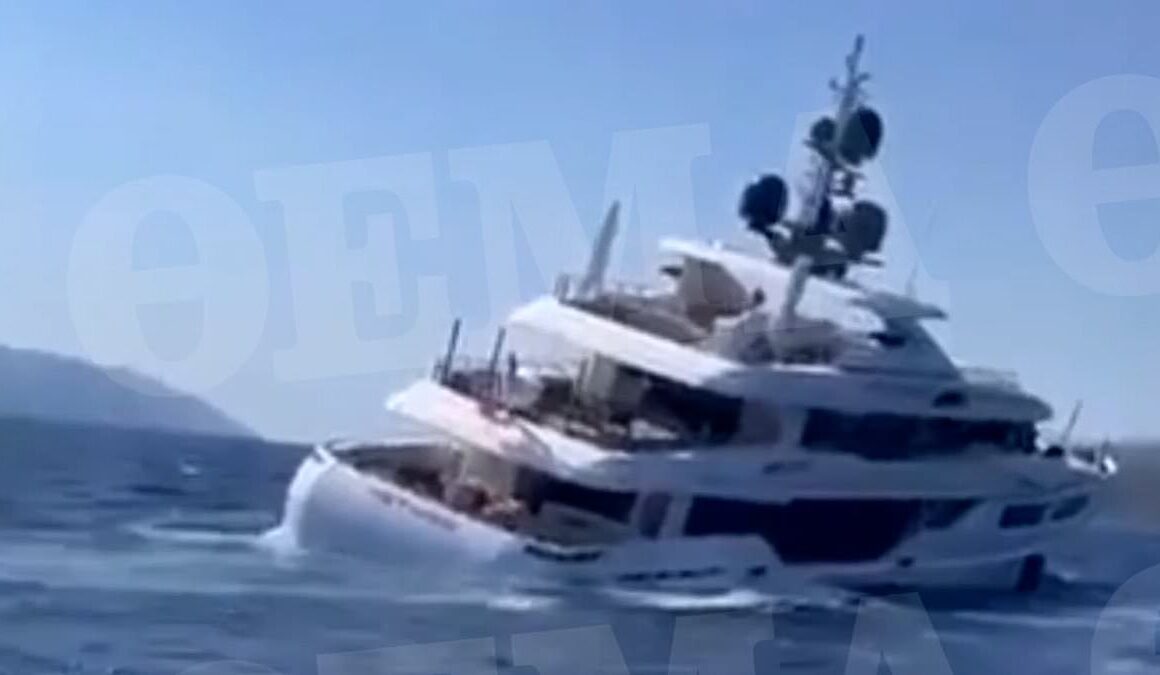 Moment luxury 150ft megayacht with five wealthy tourists on board starts sinking off Greek holiday island after crew ‘left a side door open’ on £180,000-a-week vessel