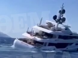 Moment luxury 150ft megayacht with five wealthy tourists on board starts sinking off Greek holiday island after crew ‘left a side door open’ on £180,000-a-week vessel