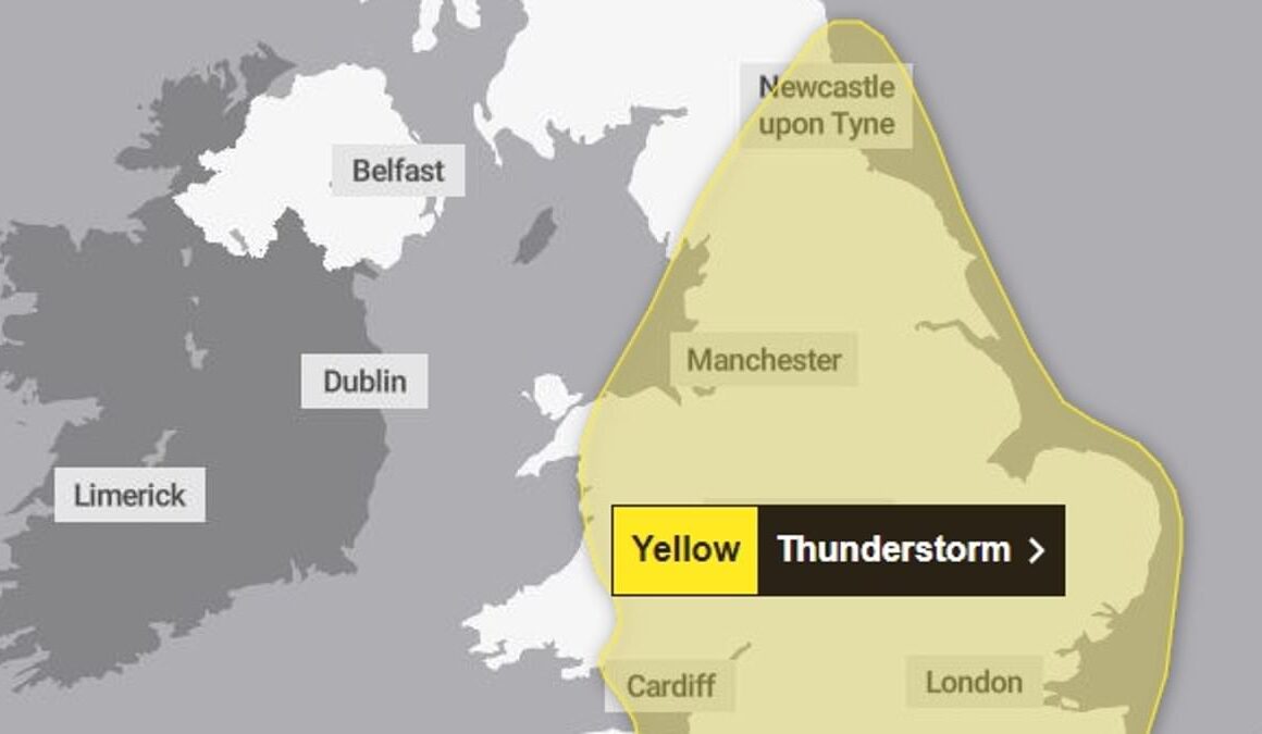 Thunderstorms are on the way as map shows which areas are most at risk of frequent lightning with a month’s worth of rain set to fall in a few hours