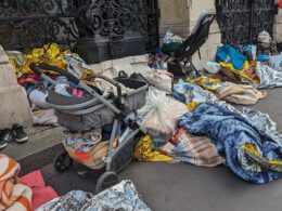 Homeless people protest at Paris city hall demanding a solution to the city’s housing crisis on the eve of the 2024 Olympic Games