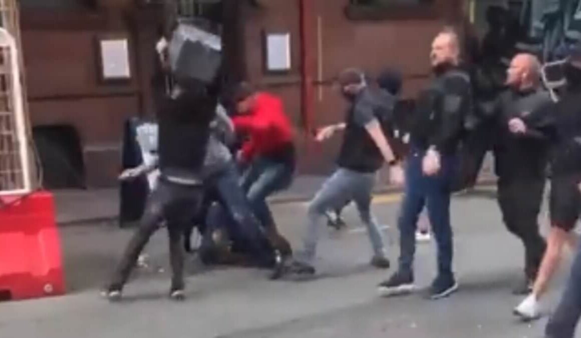 Football hooligans who brought ‘terror’ to streets as they battled with chairs, bins and flares ahead of Manchester United v Leeds game are banned from matches