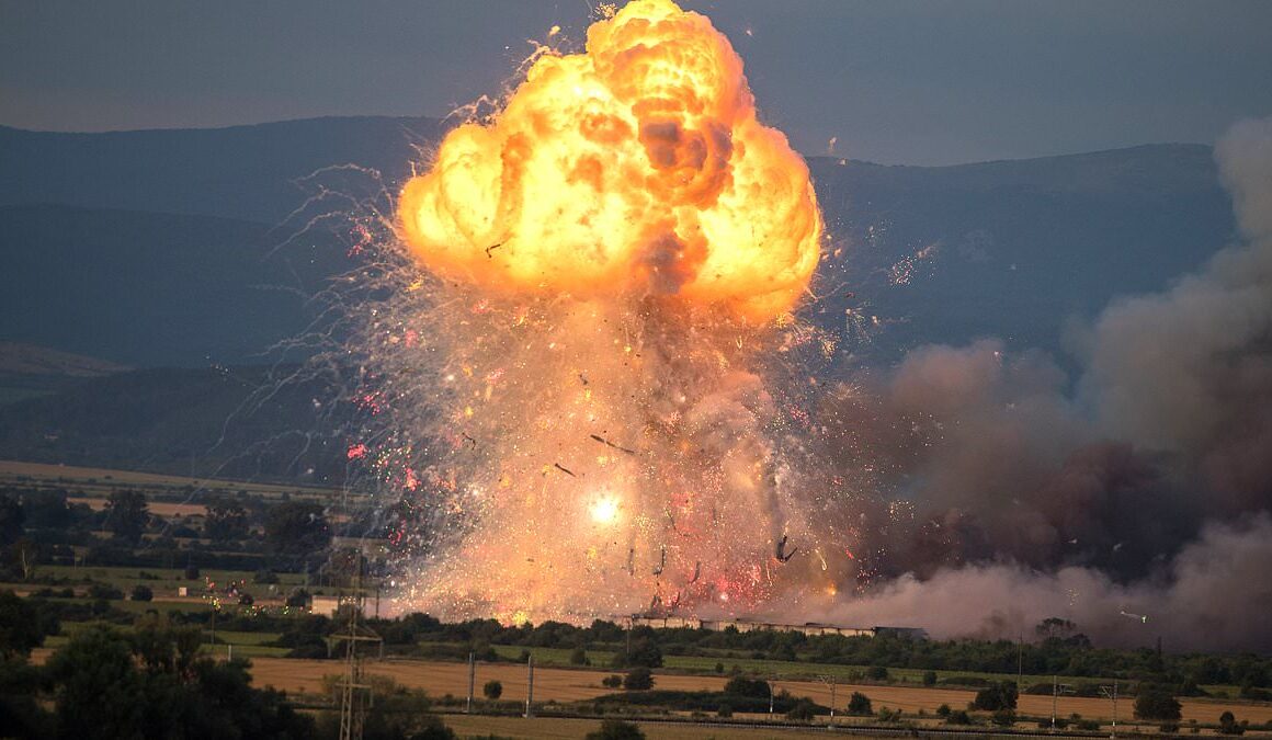 Dramatic moment fireworks factory explodes – forcing a mass evacuation with police urging reluctant locals to flee amid fears for missing workers