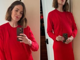 Pregnant Mandy Moore Posts Photo of Her Growing Baby Bump in Cute Red Dress: ‘There She Is’