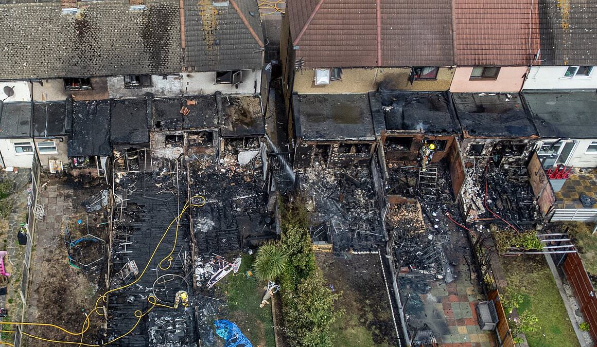 Aerial photos reveals utter devastation of terraced homes in east London after 100 firefighters battled horror blaze