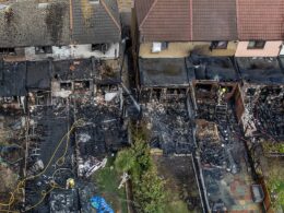 Aerial photos reveals utter devastation of terraced homes in east London after 100 firefighters battled horror blaze