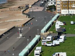 Travellers park up their convoy of caravans and motorhomes at illegal encampment on Hove seafront after being moved on twice in last week