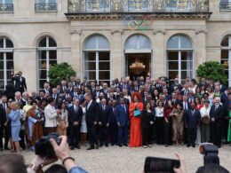 France’s 5ft 7in president is nearly impossible to see as he poses alongside world leaders in Paris for the Olympic Games