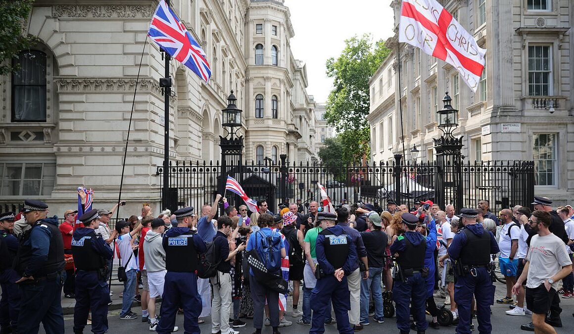 Flag-waving Tommy Robinson protesters chant ‘release Tommy now’ outside Downing Street after ‘arrest under anti-terror laws’