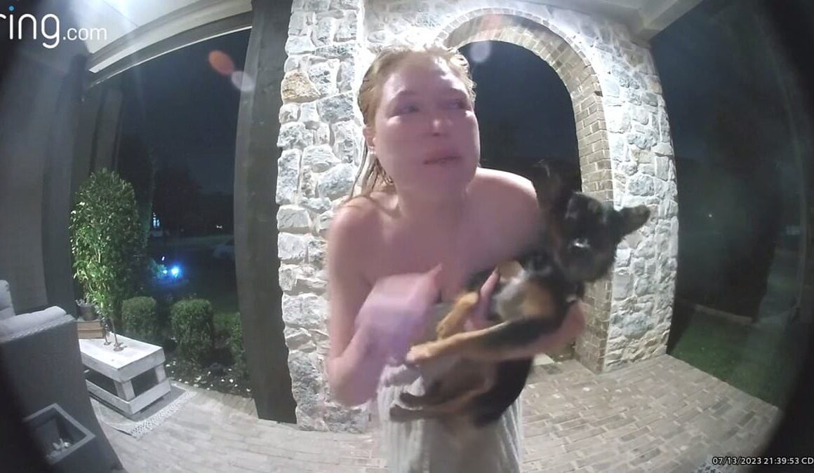 Internet divided after gripping Ring Cam footage shows mom race out of house with DOG to escape burglars – but leaves her two kids inside