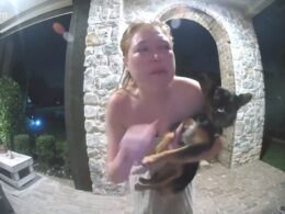 Internet divided after gripping Ring Cam footage shows mom race out of house with DOG to escape burglars – but leaves her two kids inside