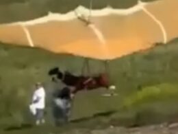 Moment out-of-control paraglider wipes out a hiker while crash landing on his first flight using DIY kit in Russia