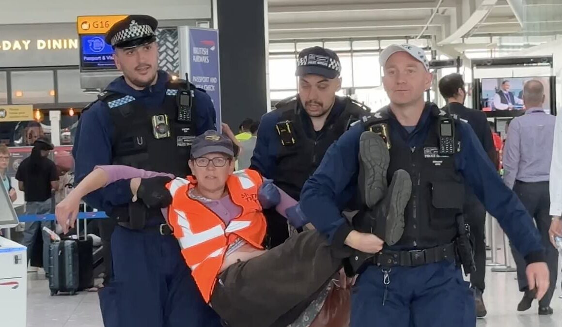 Just Stop Oil eco zealots are dragged away by police after trying to block Heathrow departure gates in yet another foiled attempt to unleash ‘summer of chaos’ at Britain’s airports