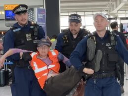 Just Stop Oil eco zealots are dragged away by police after trying to block Heathrow departure gates in yet another foiled attempt to unleash ‘summer of chaos’ at Britain’s airports