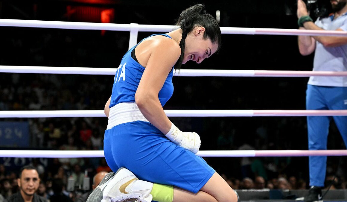 Female boxer yells ‘this is unjust’ and falls to her knees in tears as she quits fight against ‘biologically male’ Olympic opponent Imane Khelif after just 46 SECONDS following two powerful punches