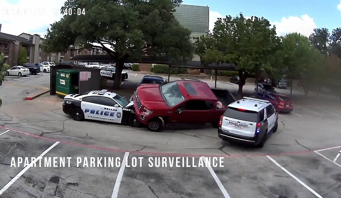 Dramatic moment armed truck thieves ram police cruisers head on before fleeing on foot as officers chase one down and shoot him to the floor