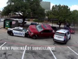 Dramatic moment armed truck thieves ram police cruisers head on before fleeing on foot as officers chase one down and shoot him to the floor