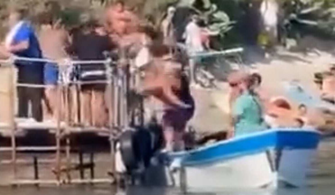 Shocking moment fists fly as brawl breaks out on a jetty with one man pushed off into a boat in row over who gets to take the next ferry home from idyllic Italian beach