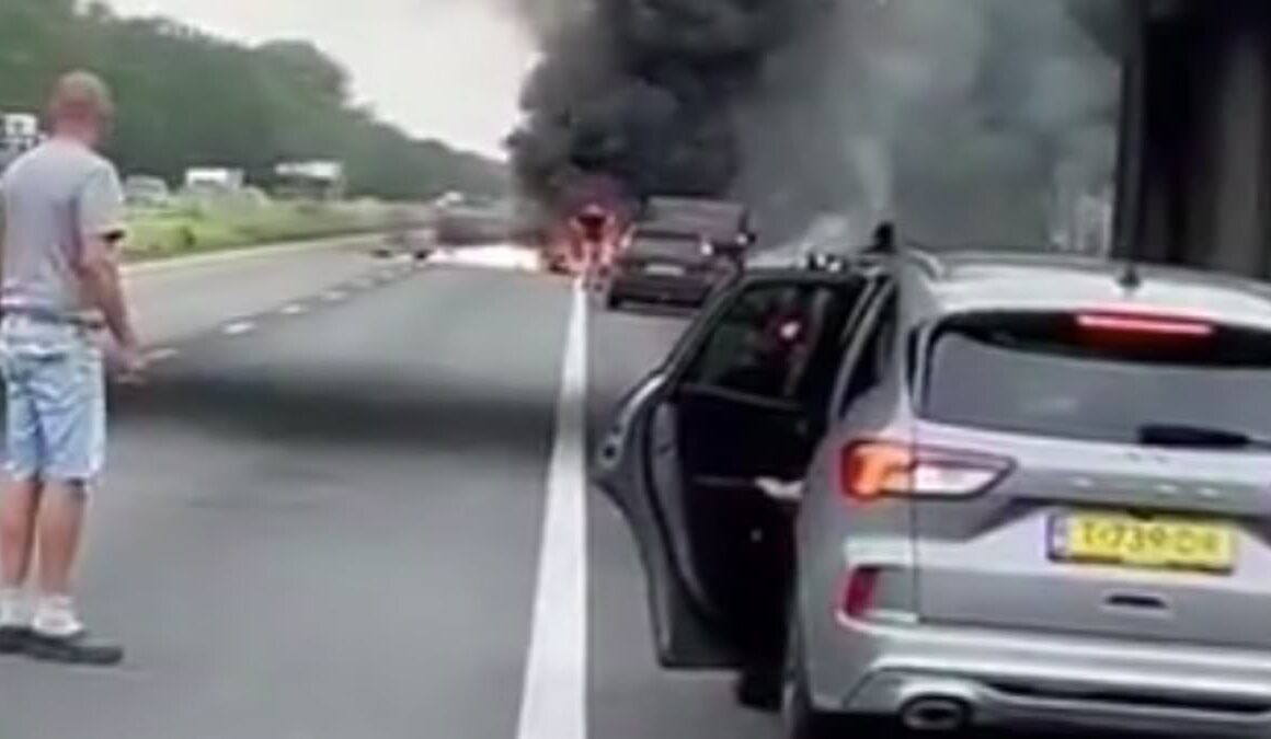 Horror as plane crashes into busy motorway and explodes in a huge fireball killing pilot on a training flight