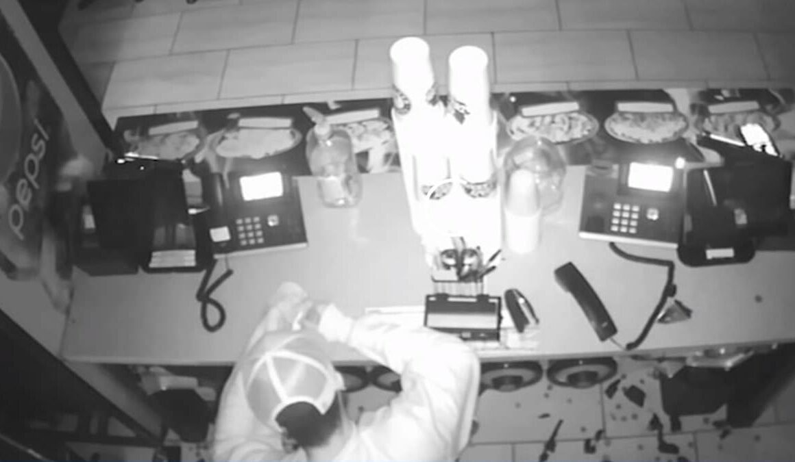 Read the outrageous note a burglar left for restaurant owner – as footage shows him creeping behind checkout counter