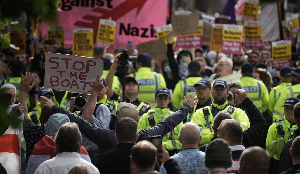 Protests in Manchester turn to trouble in just MINUTES as two men are arrested for public order offences there after separate night of riot violence in Sunderland – as tinderbox Britain braces for further trouble as a smaller crowd masses in Portsmouth