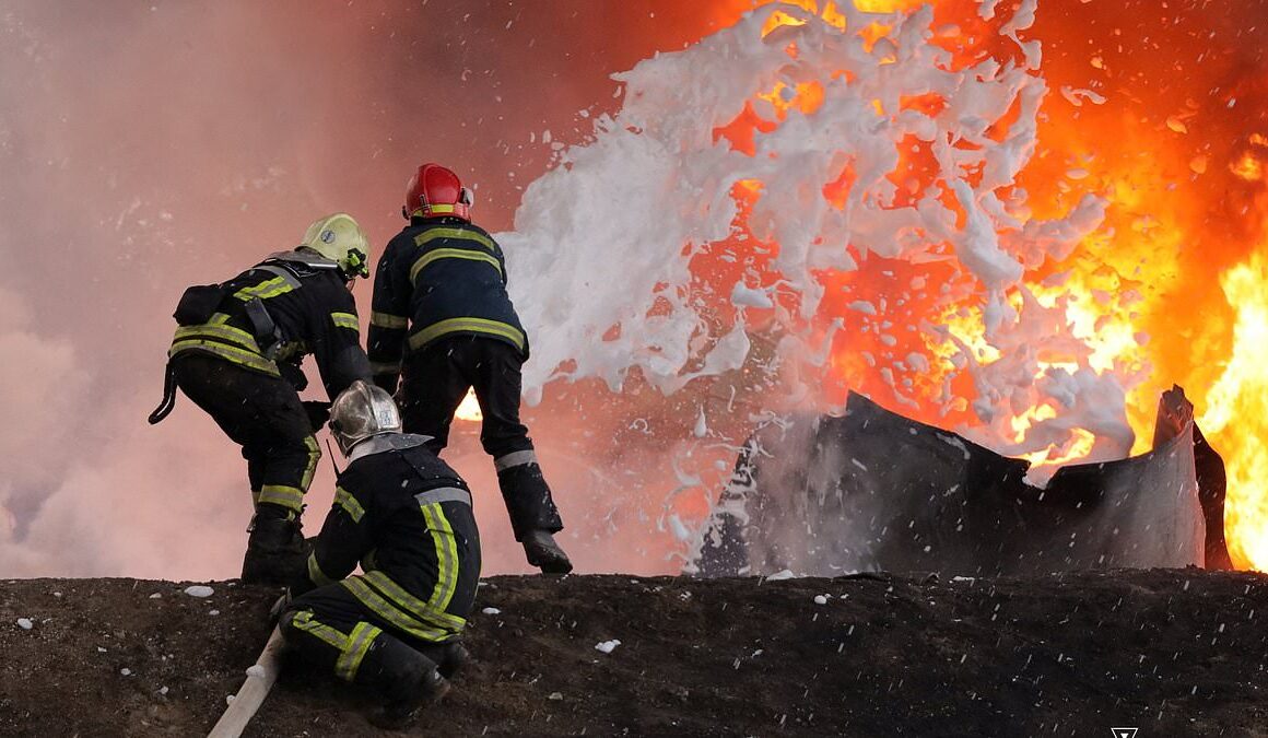 Firefighters work desperately to tackle huge blaze in Ukraine following Russian missile and drone strikes overnight