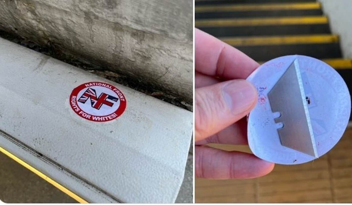 Warning after lethal razor blades are found hidden under far-right extremist stickers at train station close to school