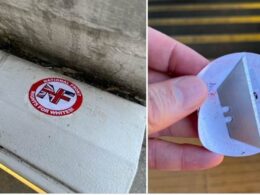 Warning after lethal razor blades are found hidden under far-right extremist stickers at train station close to school