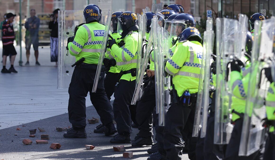 Terrified families who brought their children to see Disney Princess cruise in Liverpool where violent riots broke out flee for their lives after mob of 1,500 clash in violent running battles through the city centre