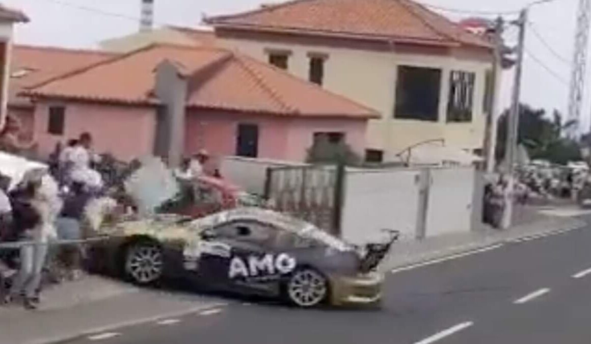 Shocking moment Porsche spins out of control and ploughs into group of spectators including young children at a rally in Portugal