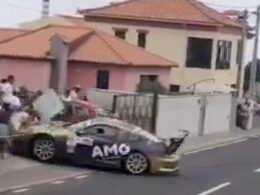 Shocking moment Porsche spins out of control and ploughs into group of spectators including young children at a rally in Portugal