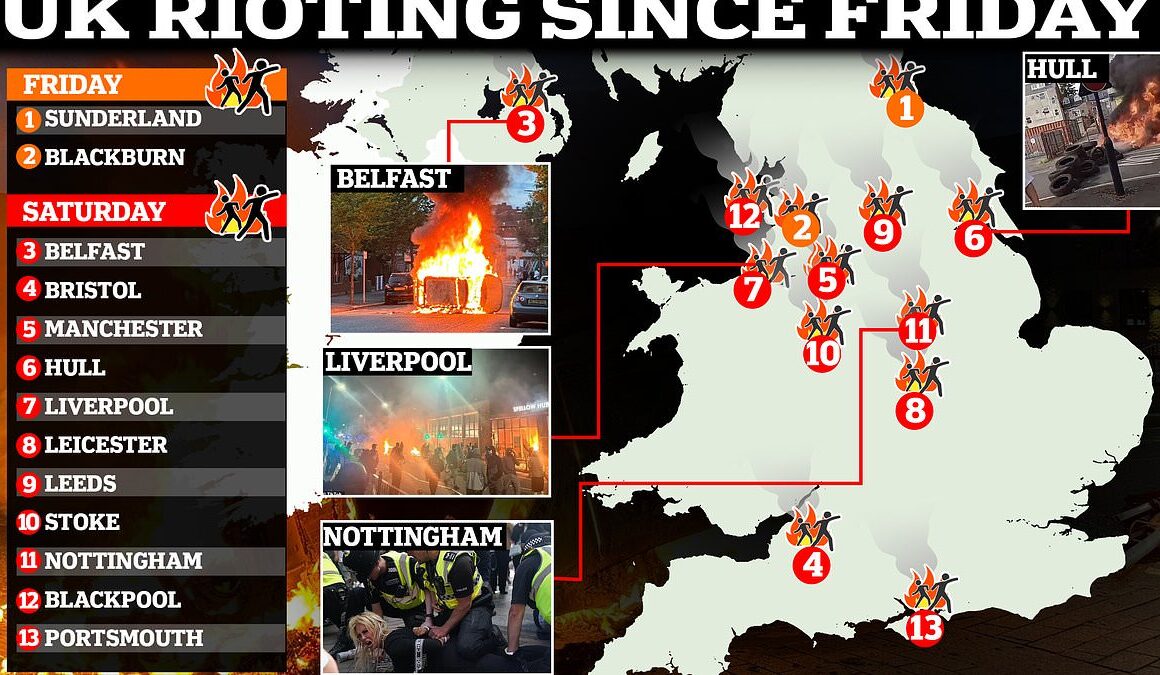 UK riots: Map reveals extent of violence and looting as major cities across the country descend into chaos amid fallout from Southport stabbing tragedy