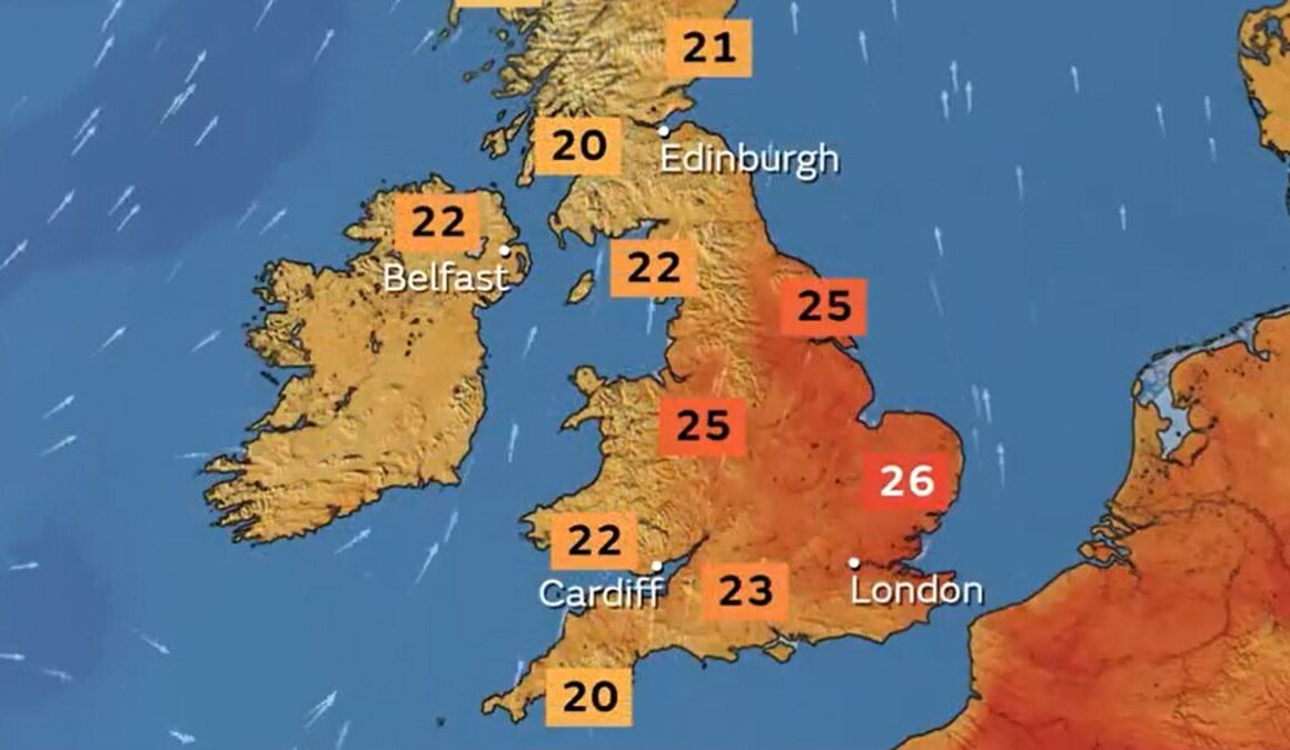 UK weather: Heatwave cools as warm and settled spells of 26C highs will dominate the south – but RAIN is expected in Scotland this afternoon