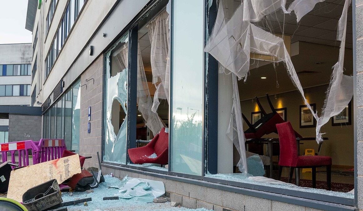 Asylum seekers in Rotherham hotel which far right rioters attacked and tried to burn down reveal their terror as footage inside Tamworth Holiday Inn shows damage there from yobs