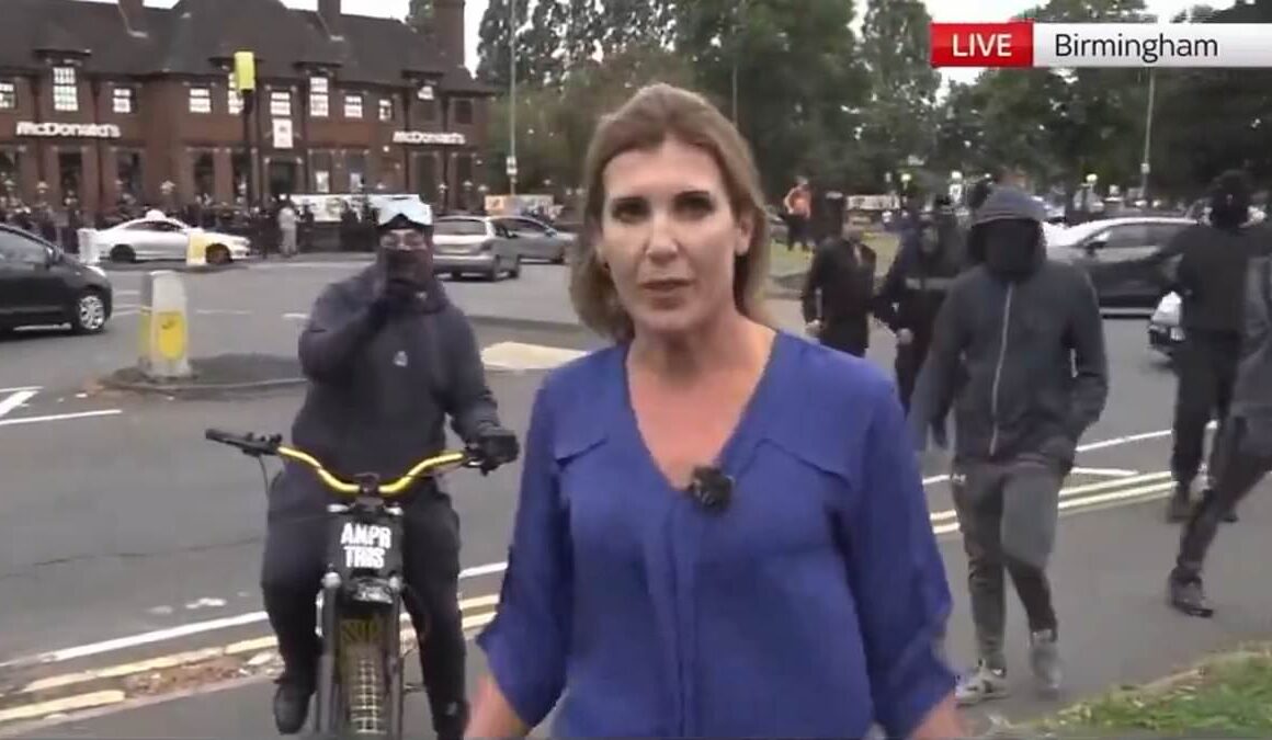 Moment Sky News reporter is harassed by aggressive dirt bike riding protester in Birmingham who yells ‘Free Palestine’ before making obscene gestures to the camera