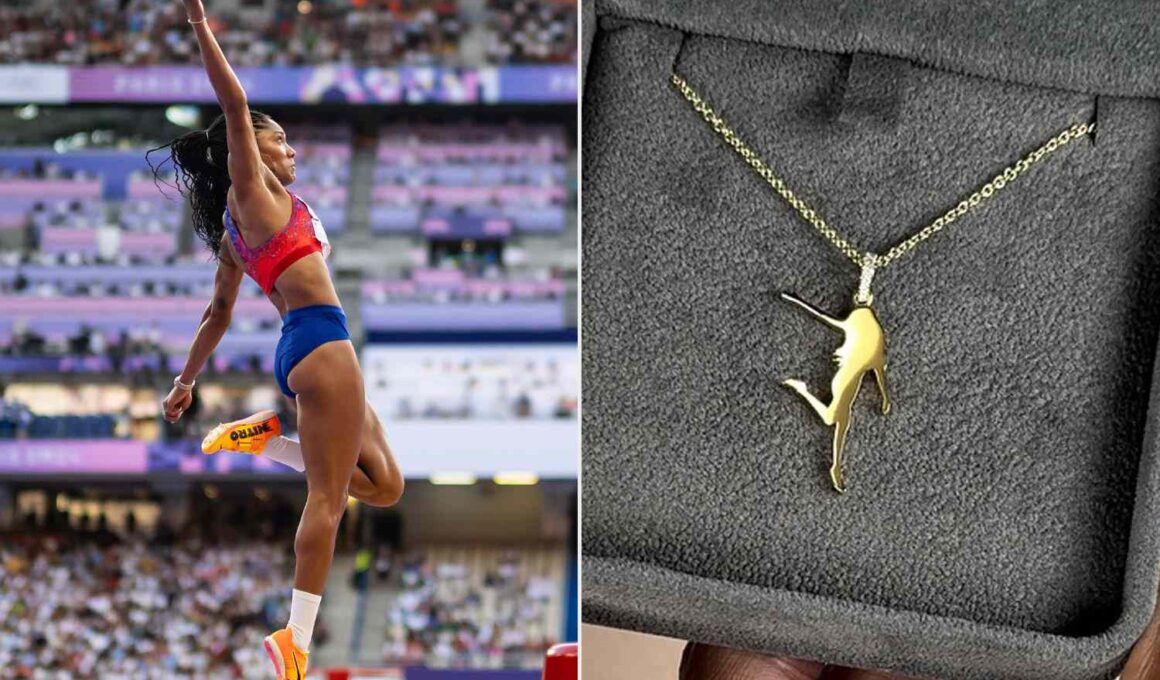 Tara Davis-Woodall Won Gold at Paris Olympics Wearing Custom Necklace That Honors Her Signature Pose