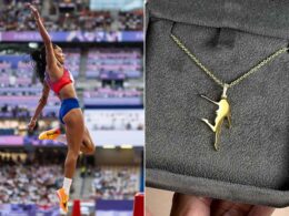 Tara Davis-Woodall Won Gold at Paris Olympics Wearing Custom Necklace That Honors Her Signature Pose