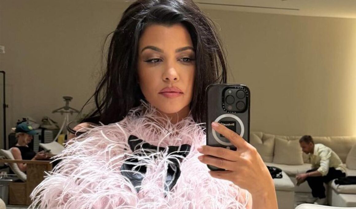 Kourtney Kardashian Poses in Pink Feathered Bodysuit in Behind the Scenes Look at Lemme Photo Shoot