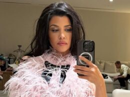 Kourtney Kardashian Poses in Pink Feathered Bodysuit in Behind the Scenes Look at Lemme Photo Shoot