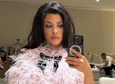 Kourtney Kardashian Poses in Pink Feathered Bodysuit in Behind the Scenes Look at Lemme Photo Shoot